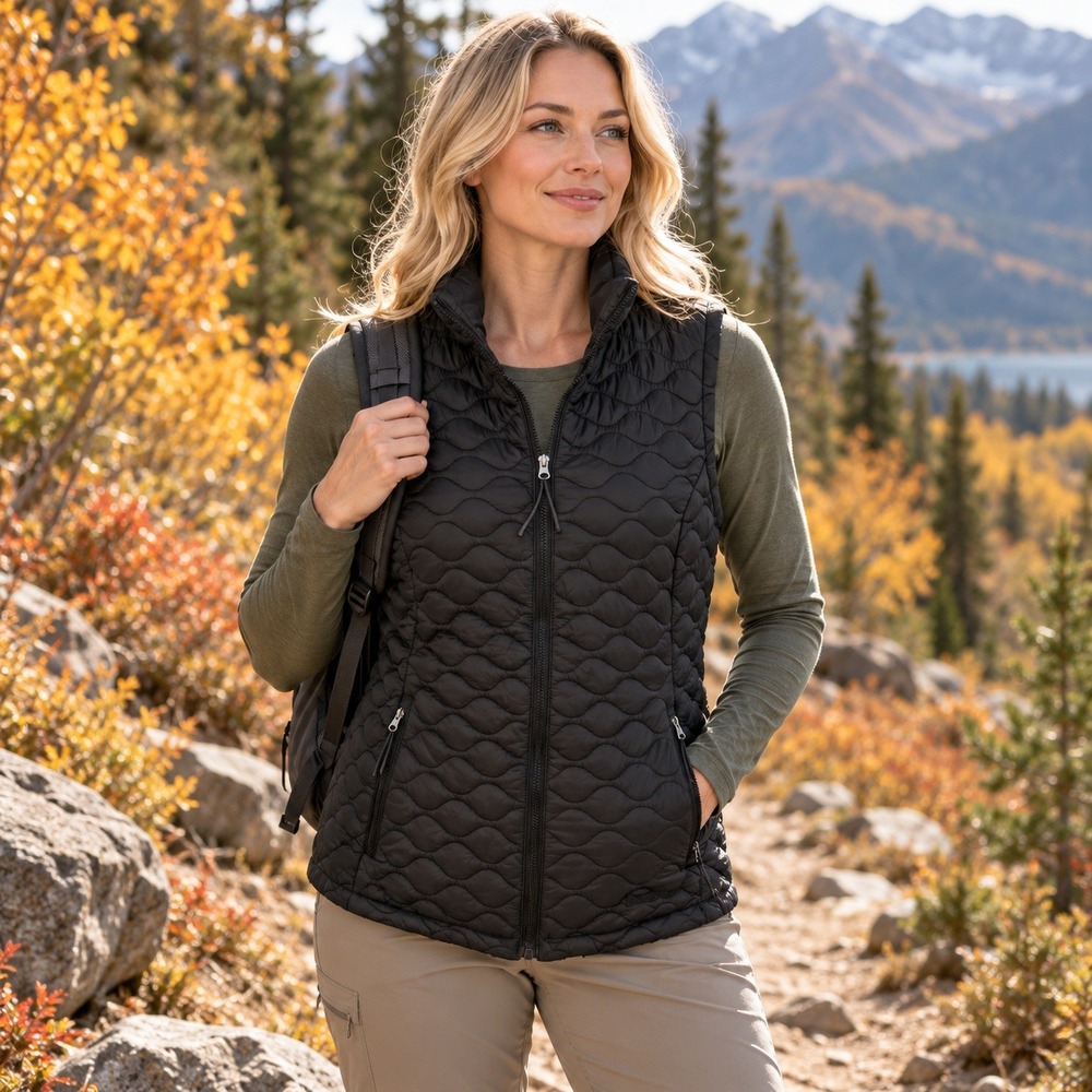 Free Country Puffer Vest M Black Quilted Zip Up Lightweight Hiking Fall Gorpcore